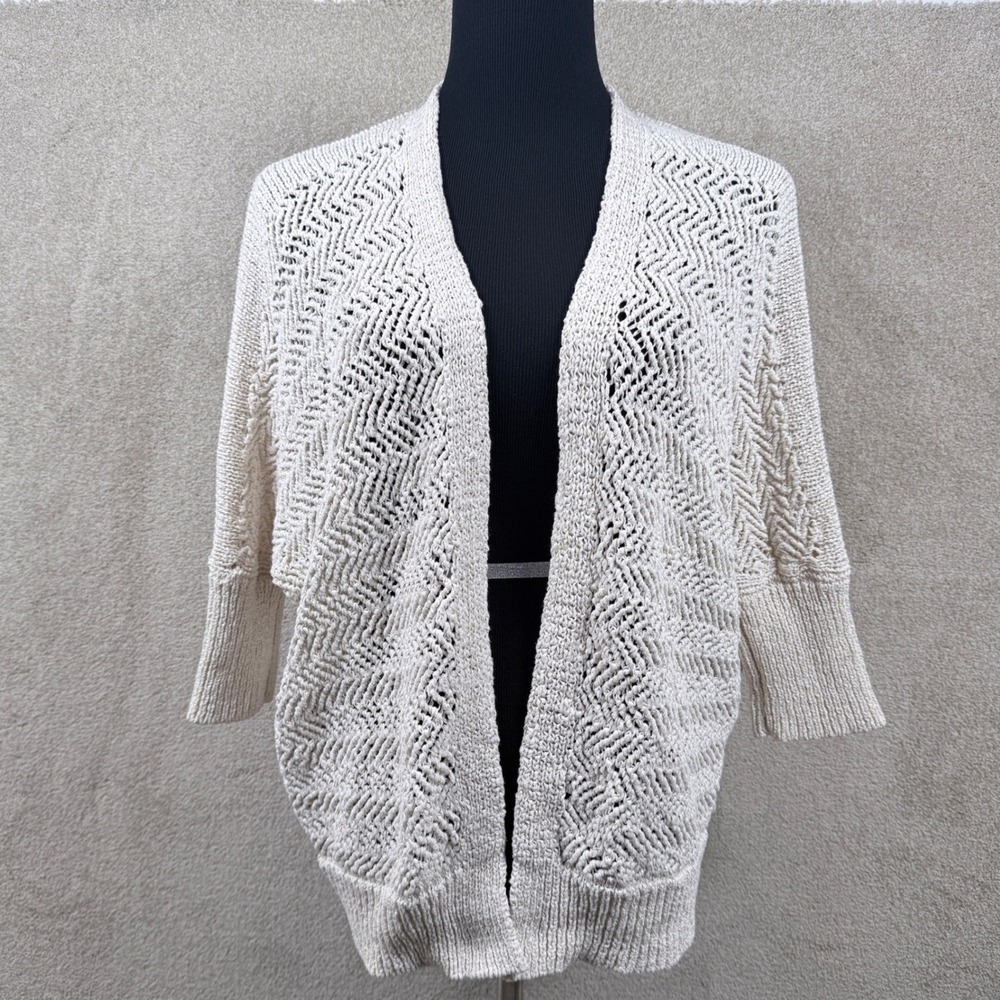 Tahari Women Medium Cream Open Front Cardigan Sweater Crochet Pointelle Knit